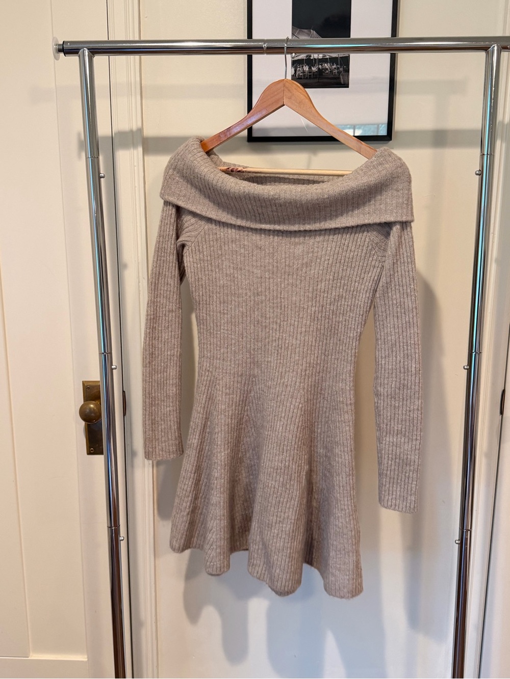 H&M Off-Shoulder Ribbed Sweater Dress in Taupe